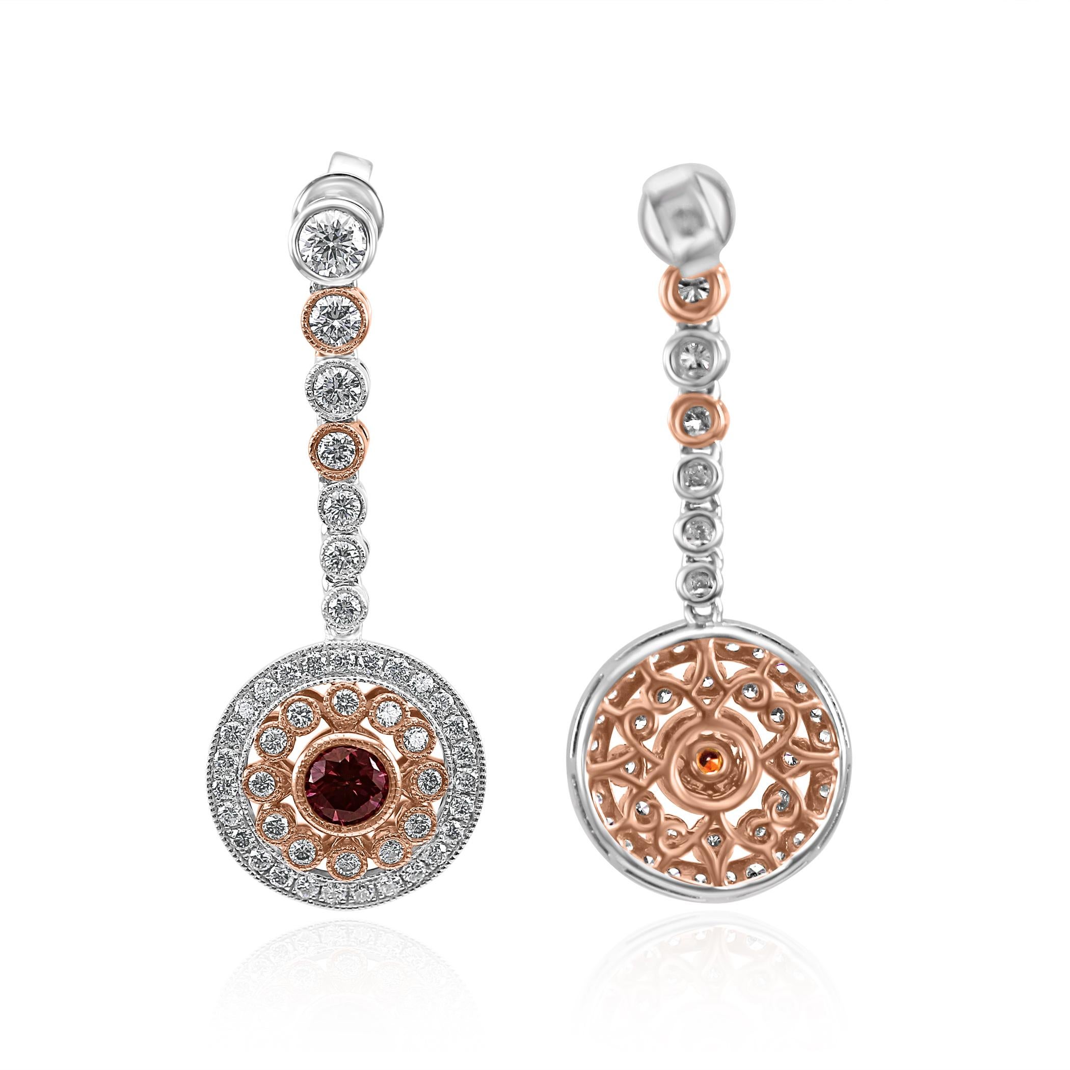 HPHT Vivid Pink Diamond Round Halo Dangle Drop Two-Tone Gold Fashion Earring In New Condition In NEW YORK, NY