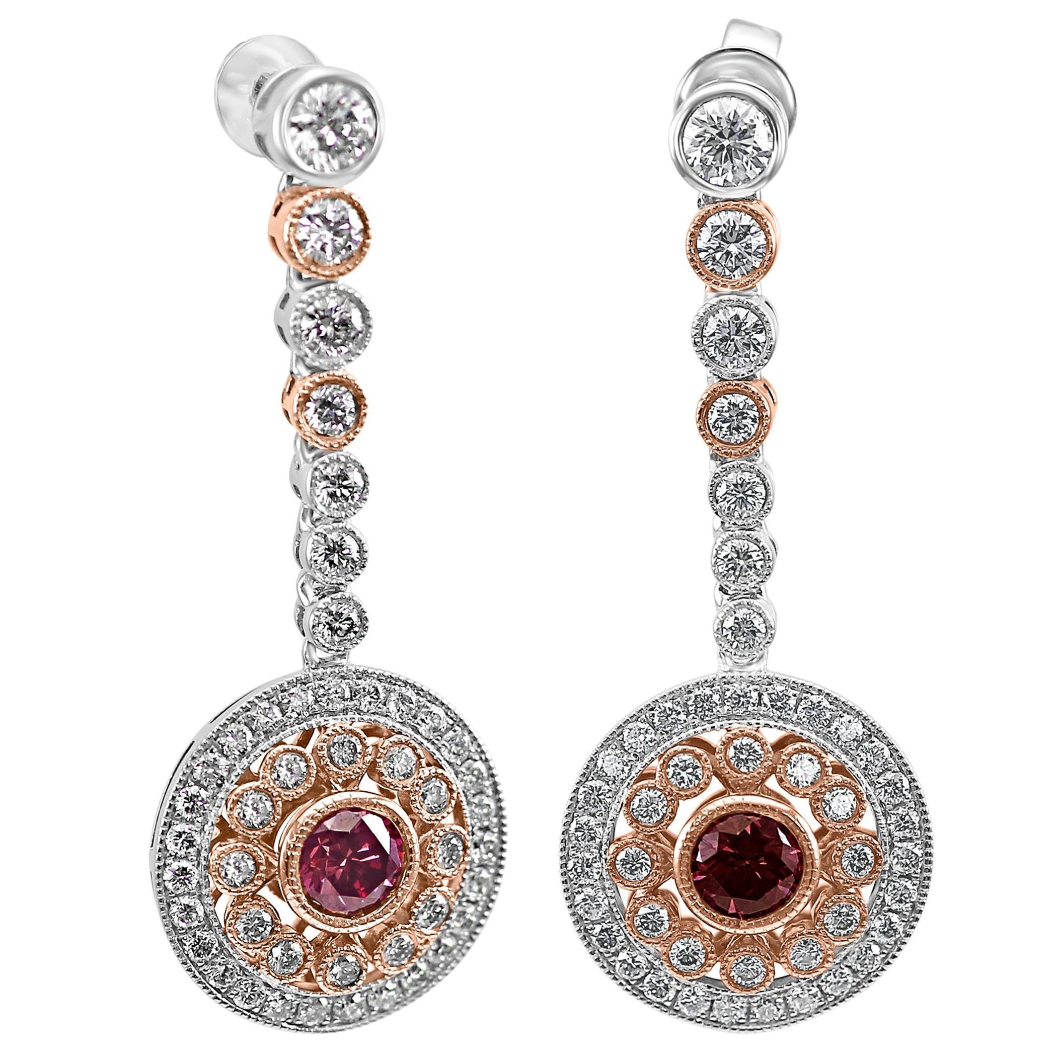 HPHT Vivid Pink Diamond Round Halo Dangle Drop Two-Tone Gold Fashion Earring