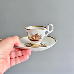 Dúo de tazas de café H&R Daniel, forma lisa, blanco con paisaje, 1825-1830