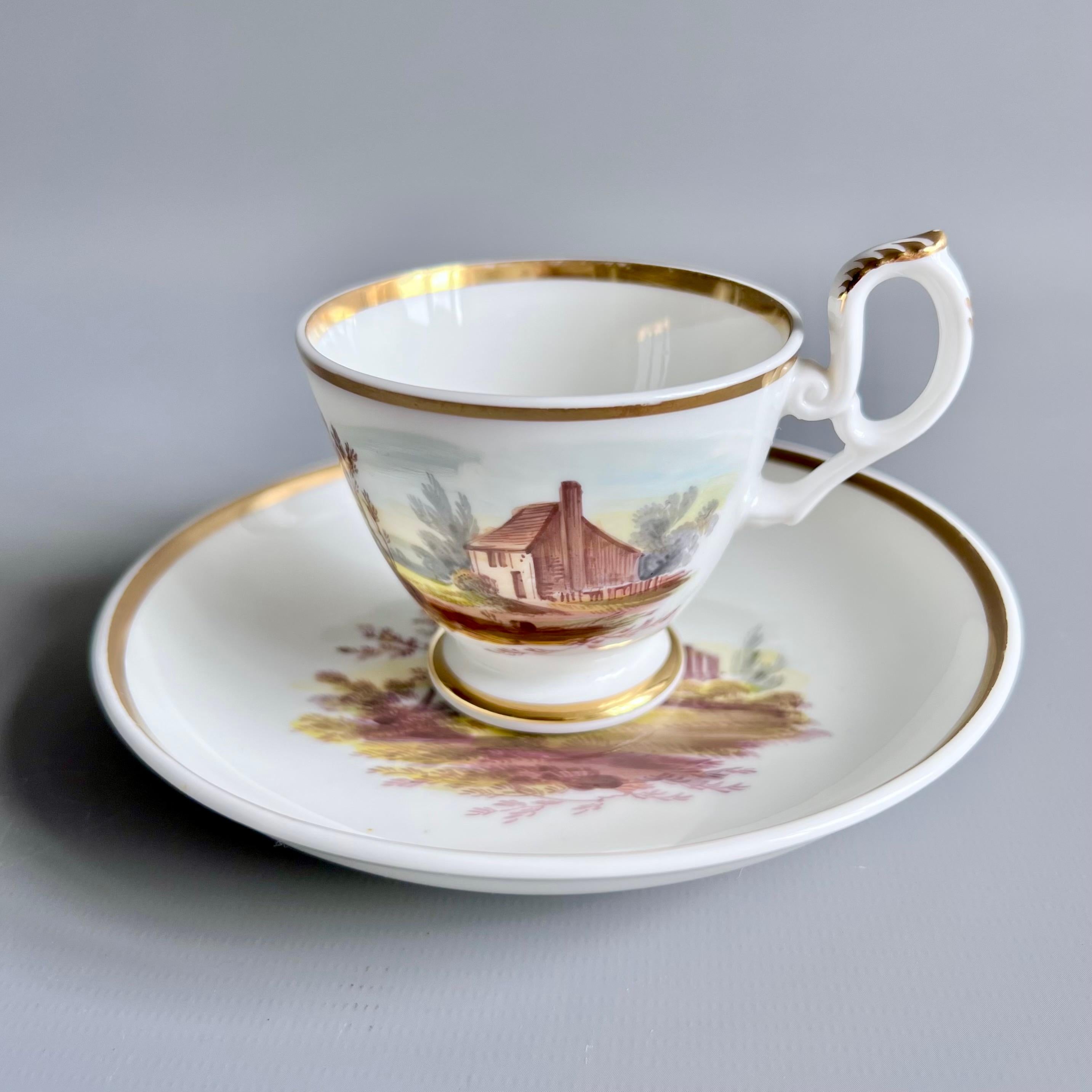 Néo-rococo Tasse à café H&R Daniel, forme simple, blanc avec paysage, 1825-1830 en vente