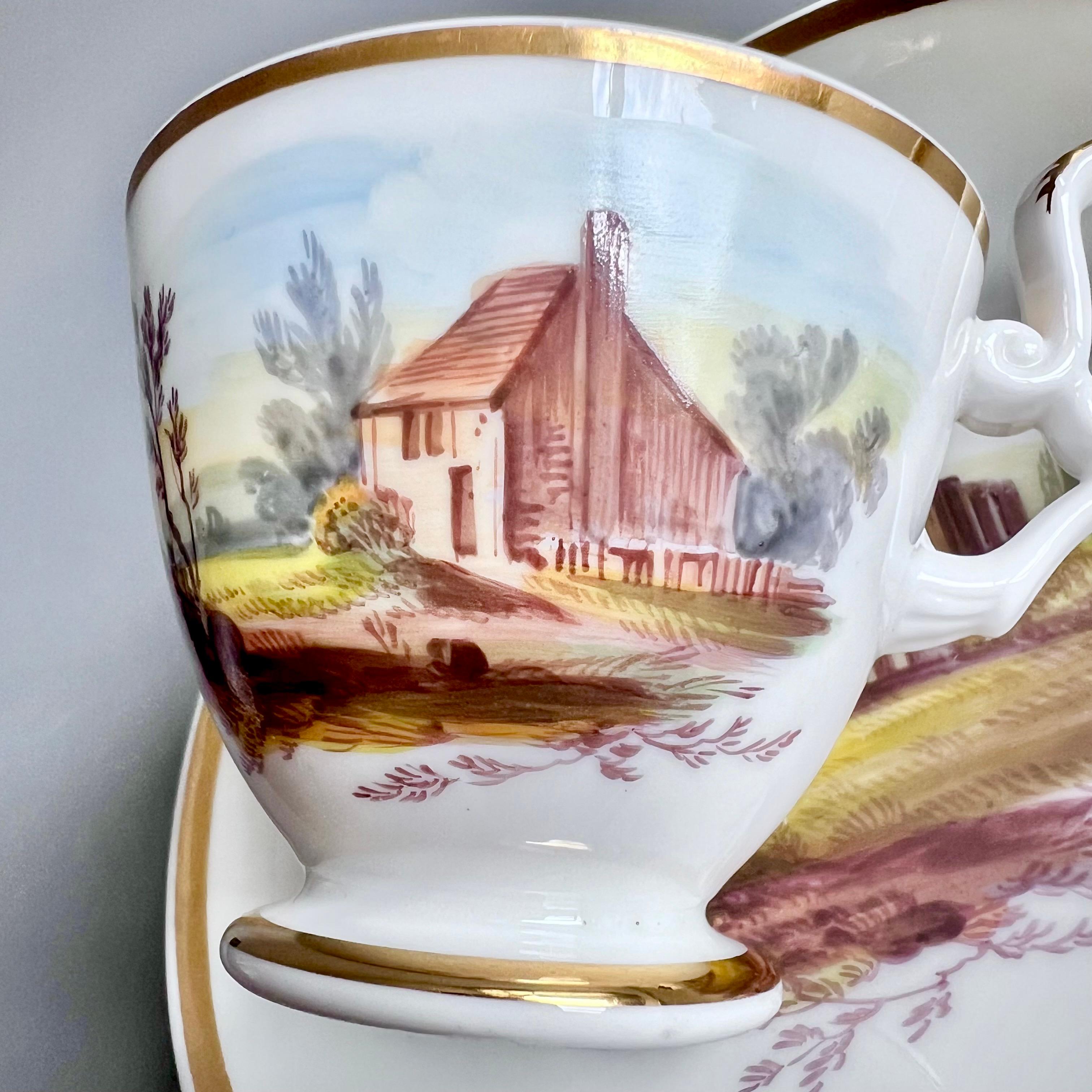 Début du XIXe siècle Tasse à café H&R Daniel, forme simple, blanc avec paysage, 1825-1830 en vente