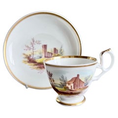 Tasse à café H&R Daniel, forme simple, blanc avec paysage, 1825-1830