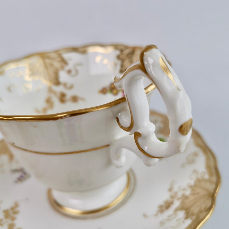 Mid-19th Century H&R Daniel Coffee Cup, White, Grey with Printed Flowers, Rococo Revival, ca 1838 For Sale