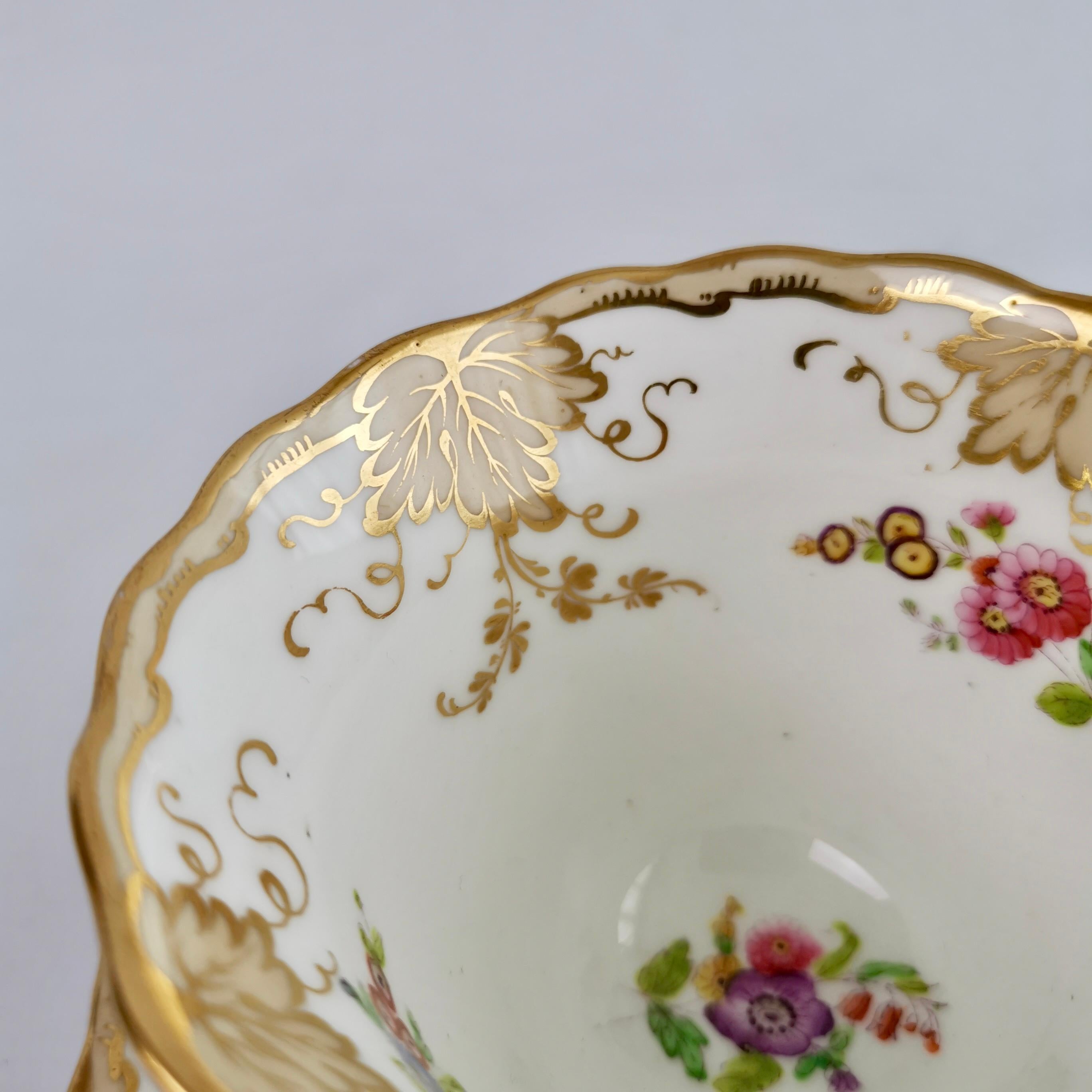 Hand-Painted H&R Daniel Coffee Cup, White, Grey with Printed Flowers, Rococo Revival, ca 1838