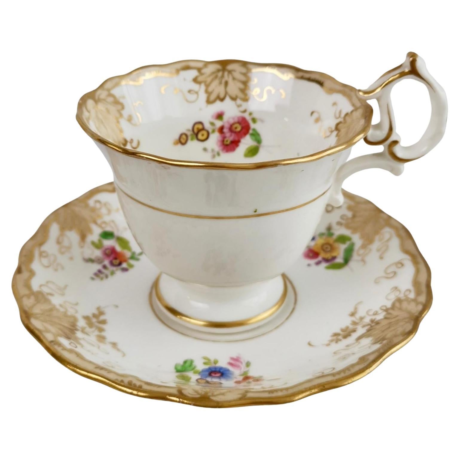 H&R Daniel Coffee Cup, White, Grey with Printed Flowers, Rococo Revival, ca 1838