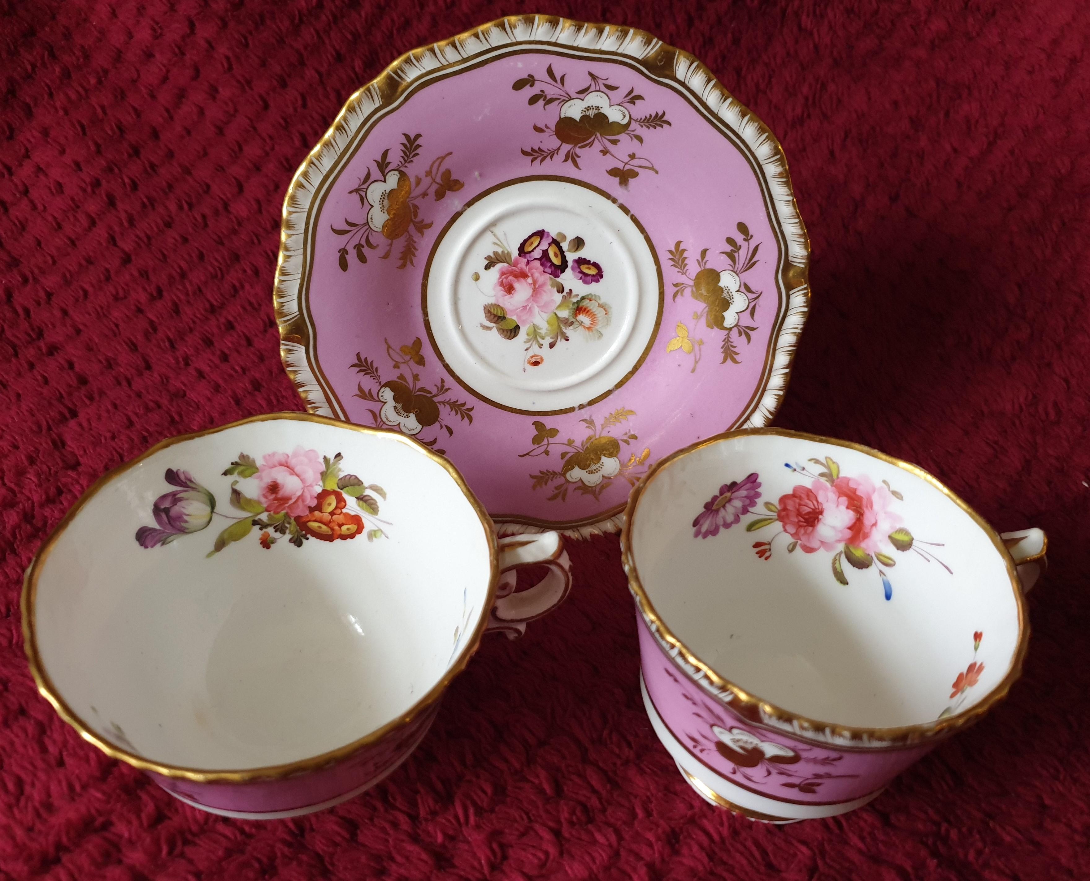 English H&R Daniel First Gadroon Pink Handpainted Trio For Sale