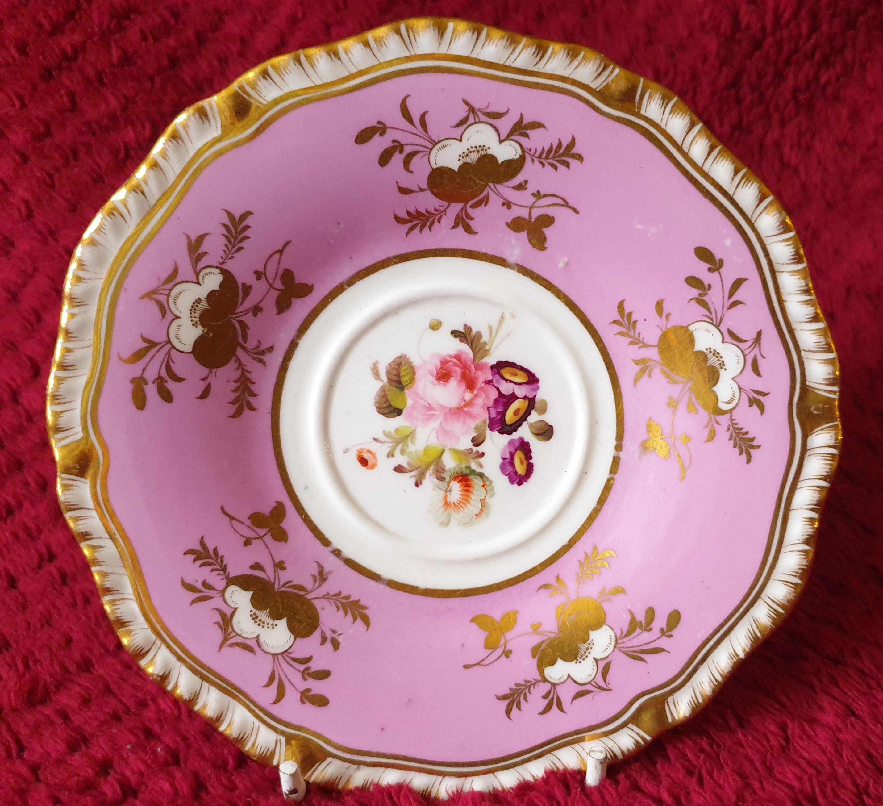 Porcelain H&R Daniel First Gadroon Pink Handpainted Trio For Sale