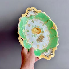 H&R Daniel Low Comport Dish, Queens Shape, Apple Green, Yellow Flower, ca 1838