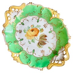 H&R Daniel Low Comport Dish, Queens Shape, Apple Green, Yellow Flower, ca 1838