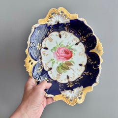 H&R Daniel Low Comport Dish, Queens Shape, Cobalt Blue, Pink Rose, ca 1838
