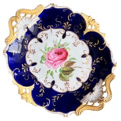 H&R Daniel Low Comport Dish, Queens Shape, Cobalt Blue, Pink Rose, ca 1838