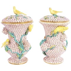 H&R Daniel Pair of Pink Schneeballen Canaries Lidded Vases