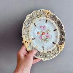 H&R Daniel plate, Pierced Queens Shape, Cobalt Blue Vermicelli, Flowers, ca 1842