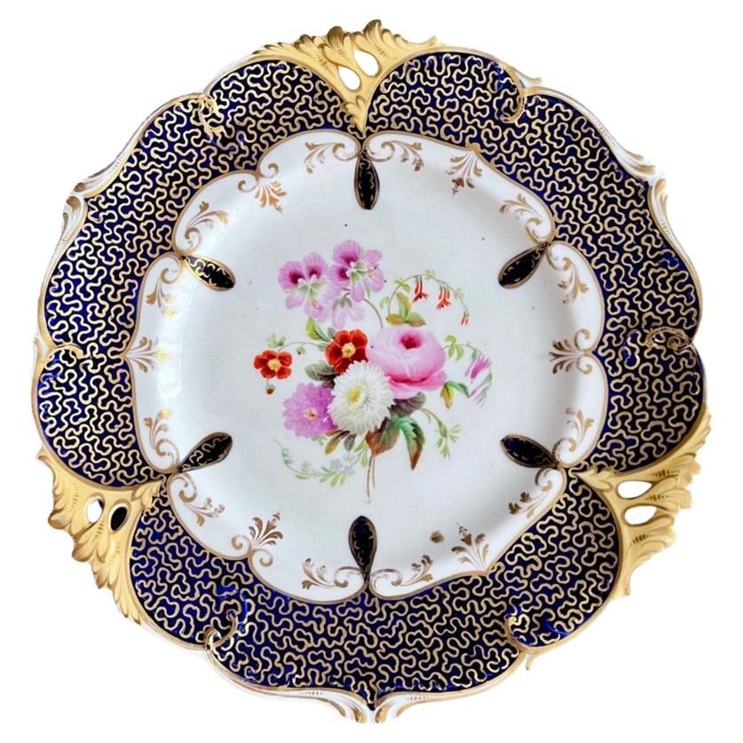 H&R Daniel plate, Pierced Queens Shape, Cobalt Blue Vermicelli, Flowers, ca 1842 For Sale