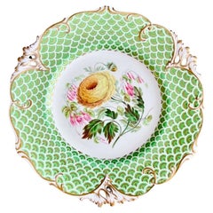 Antique H&R Daniel Plate, Pierced Queens Shape, Green Scaled with Flowers, ca 1838