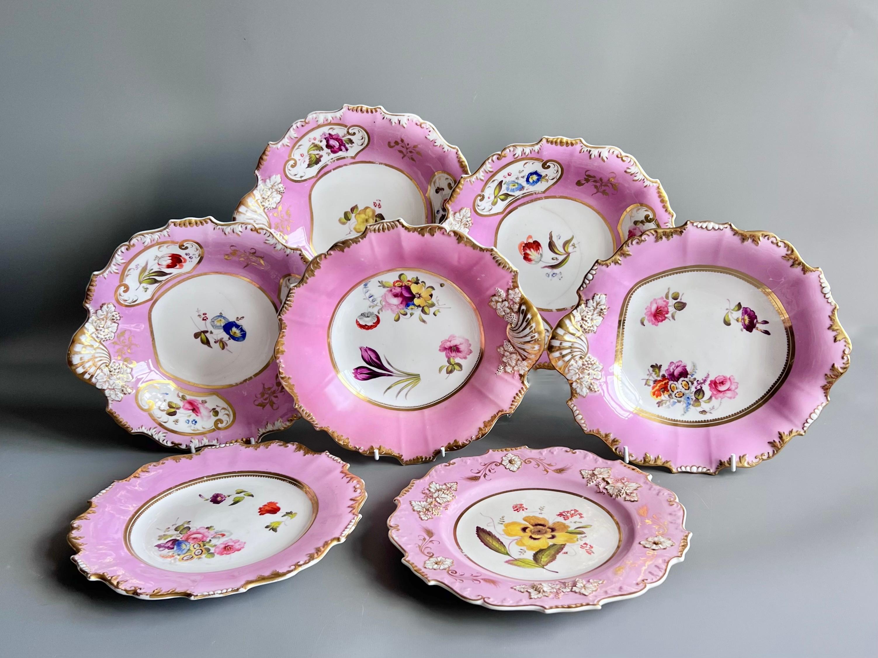 Rococo Revival H&R Daniel Plate, Shrewsbury Shape, Pink with Flowers, Patt. 4205, 1827