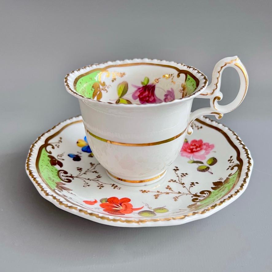 Rococo Revival H&R Daniel Teacup Trio, Green with Flowers Patt. 4479, 2nd Gadroon, ca 1829