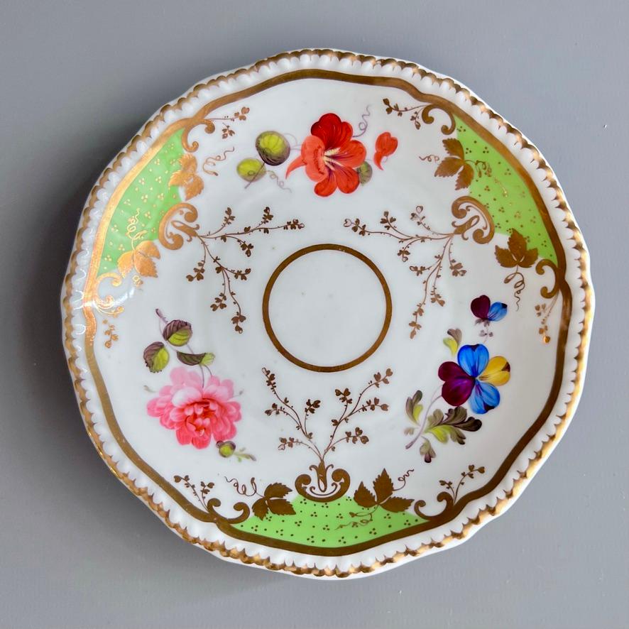 English H&R Daniel Teacup Trio, Green with Flowers Patt. 4479, 2nd Gadroon, ca 1829