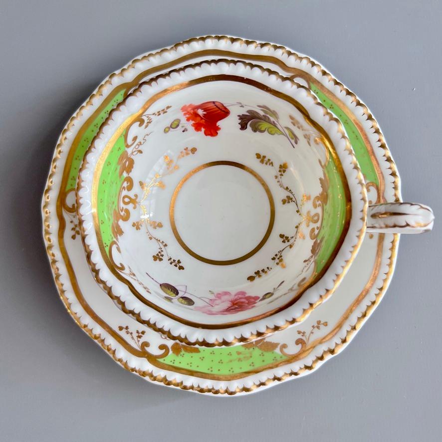 Hand-Painted H&R Daniel Teacup Trio, Green with Flowers Patt. 4479, 2nd Gadroon, ca 1829