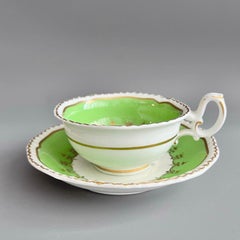 H&R Daniel Teacup Trio, Green with Flowers Patt. 4516, Rococo Revival ca 1827