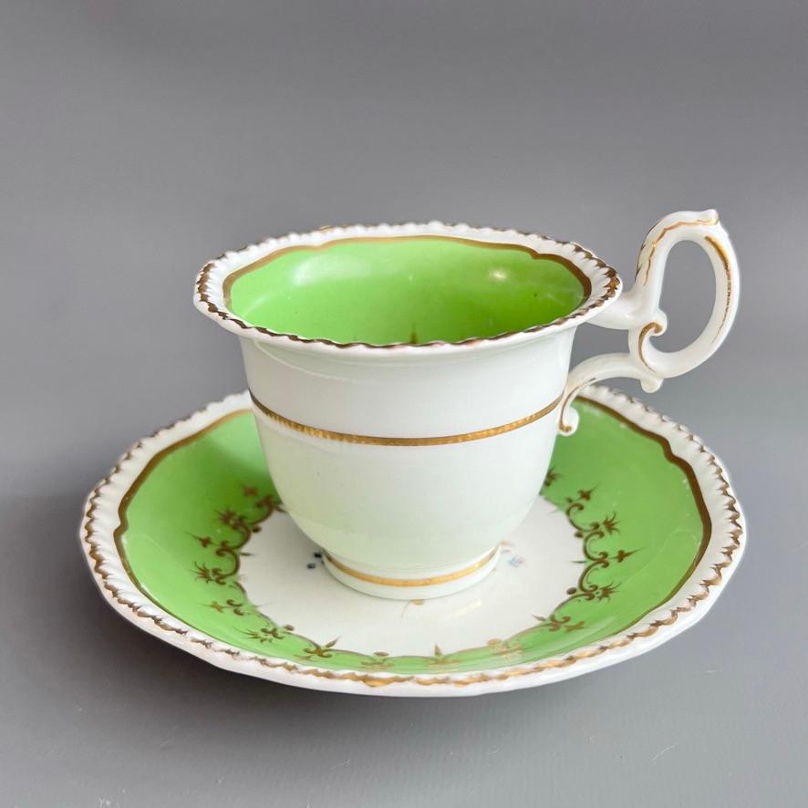 English H&R Daniel Teacup Trio, Green with Flowers Patt. 4516, Rococo Revival ca 1827