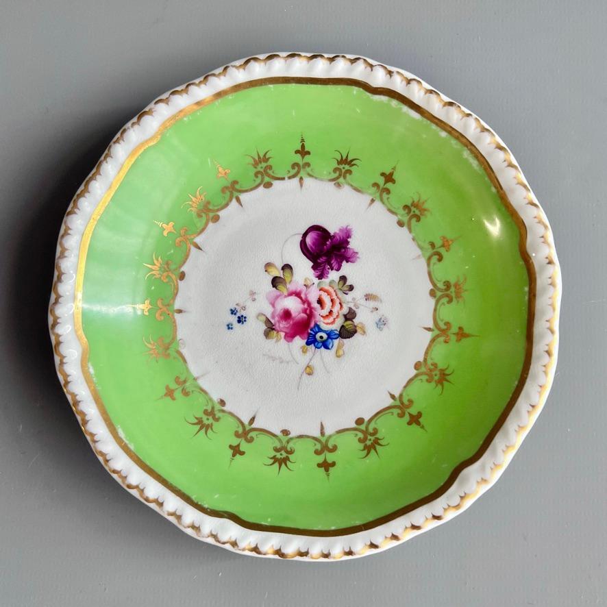 Hand-Painted H&R Daniel Teacup Trio, Green with Flowers Patt. 4516, Rococo Revival ca 1827