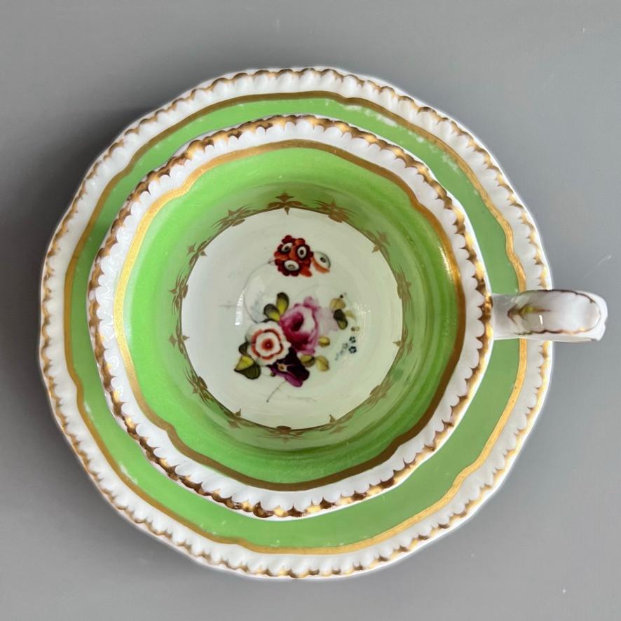Early 19th Century H&R Daniel Teacup Trio, Green with Flowers Patt. 4516, Rococo Revival ca 1827