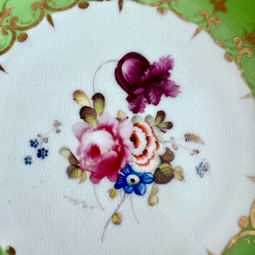Porcelain H&R Daniel Teacup Trio, Green with Flowers Patt. 4516, Rococo Revival ca 1827