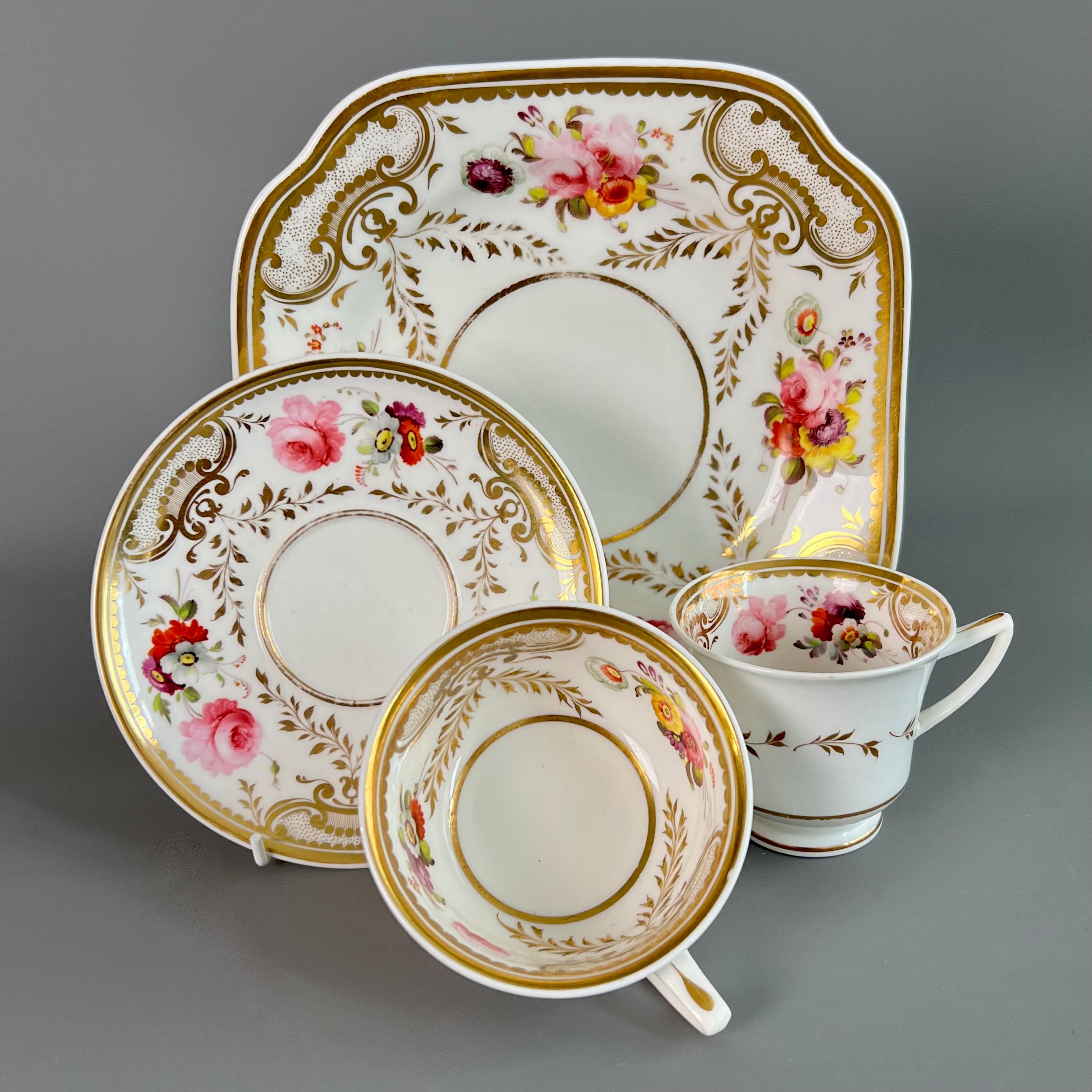 H&R Daniel Teacup Trio, White, Floral, Etruscan Shape, Regency circa 1825 7