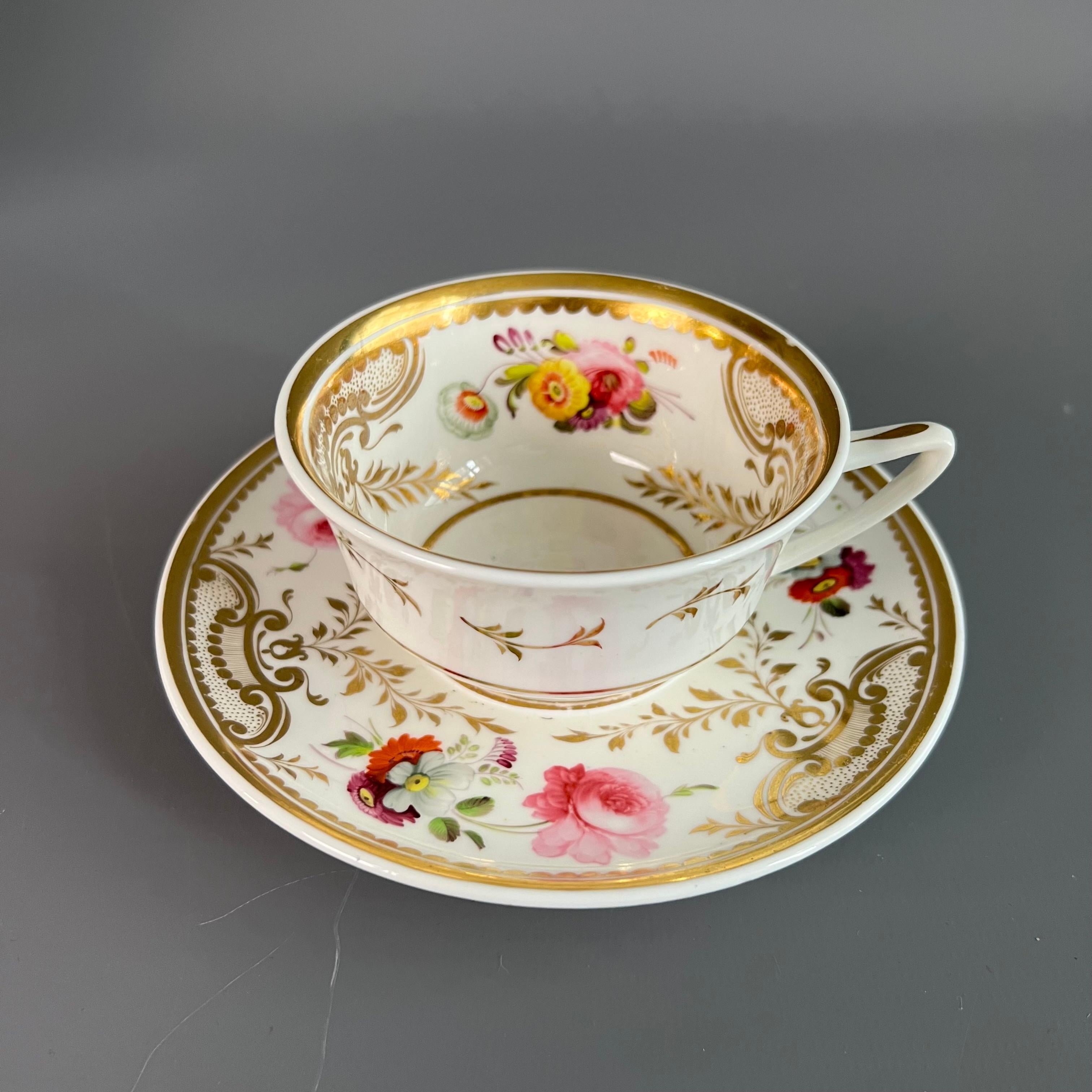 Rococo Revival H&R Daniel Teacup Trio, White, Floral, Etruscan Shape, Regency circa 1825