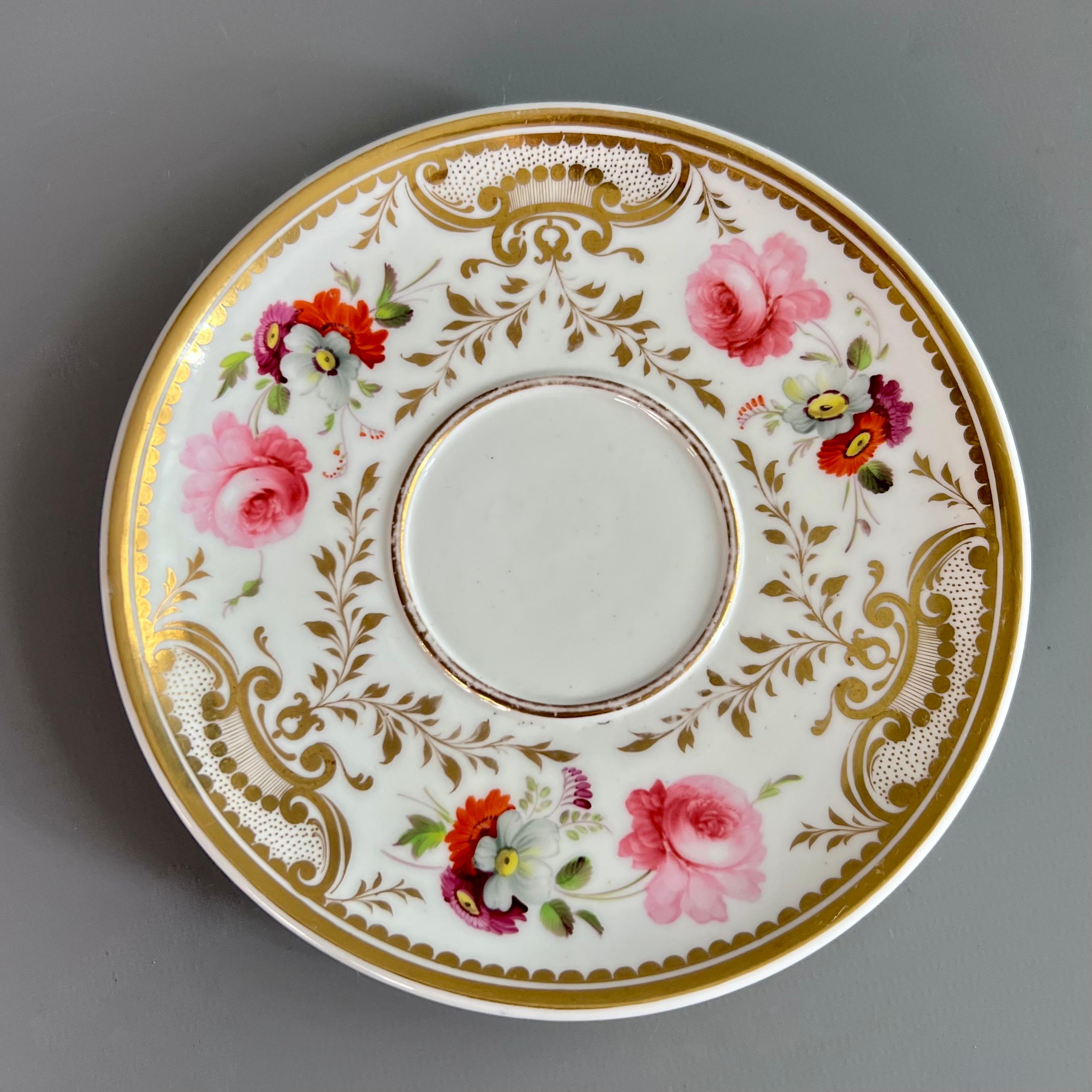 Hand-Painted H&R Daniel Teacup Trio, White, Floral, Etruscan Shape, Regency circa 1825 For Sale