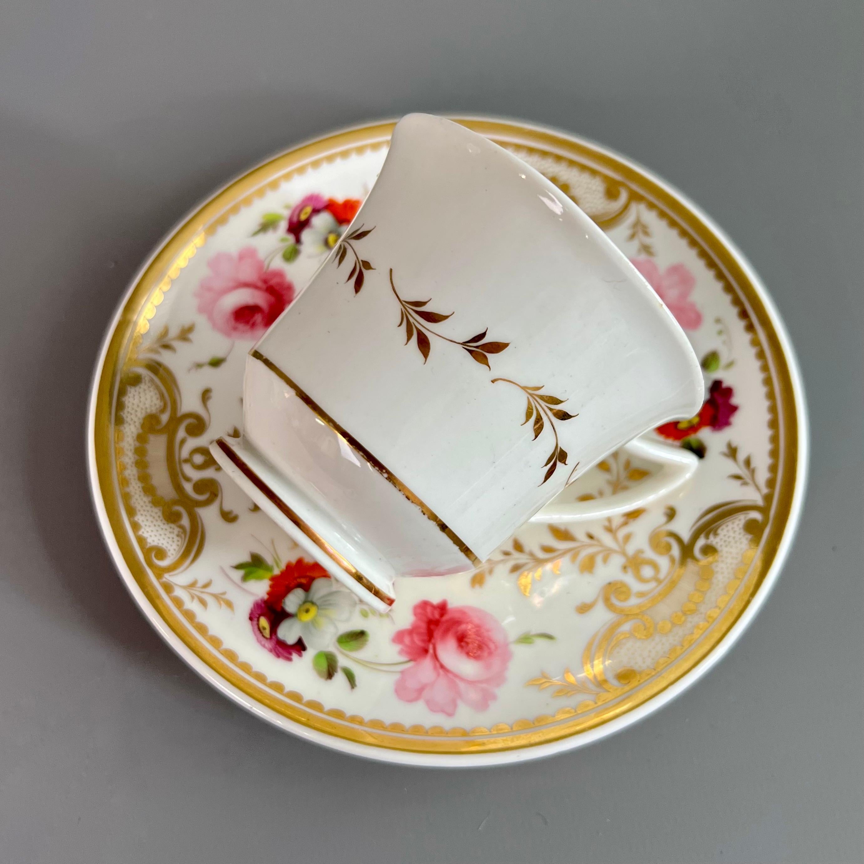 Early 19th Century H&R Daniel Teacup Trio, White, Floral, Etruscan Shape, Regency circa 1825