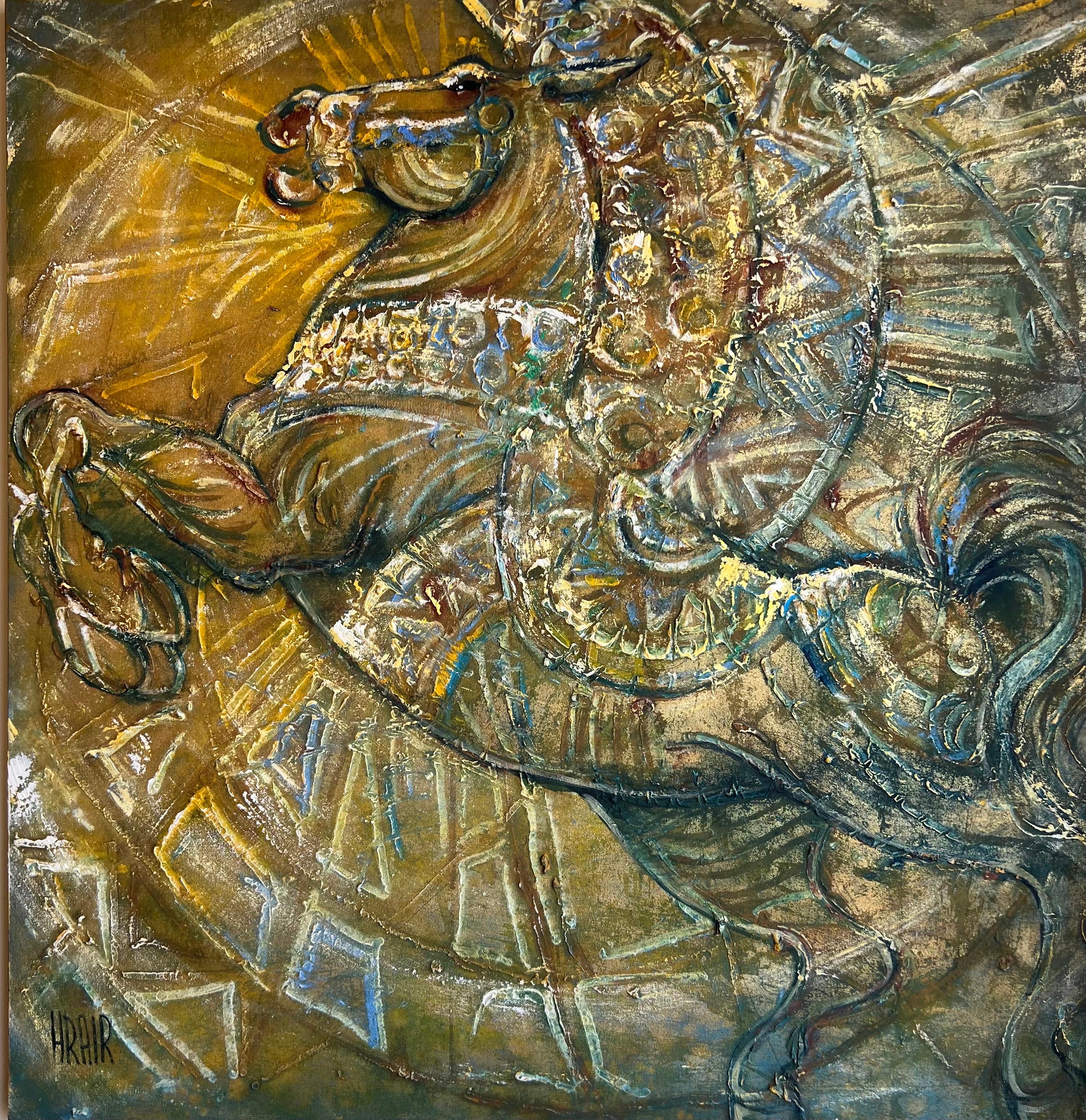 Timeless Energy fängt das Wesen der Bewegung, des Lichts und der Vitalität durch Hrairs charakteristischen, ausdrucksstarken Stil ein. Das mächtige Pferd im Zentrum der Komposition springt mit Kraft und Anmut vorwärts und symbolisiert Freiheit,