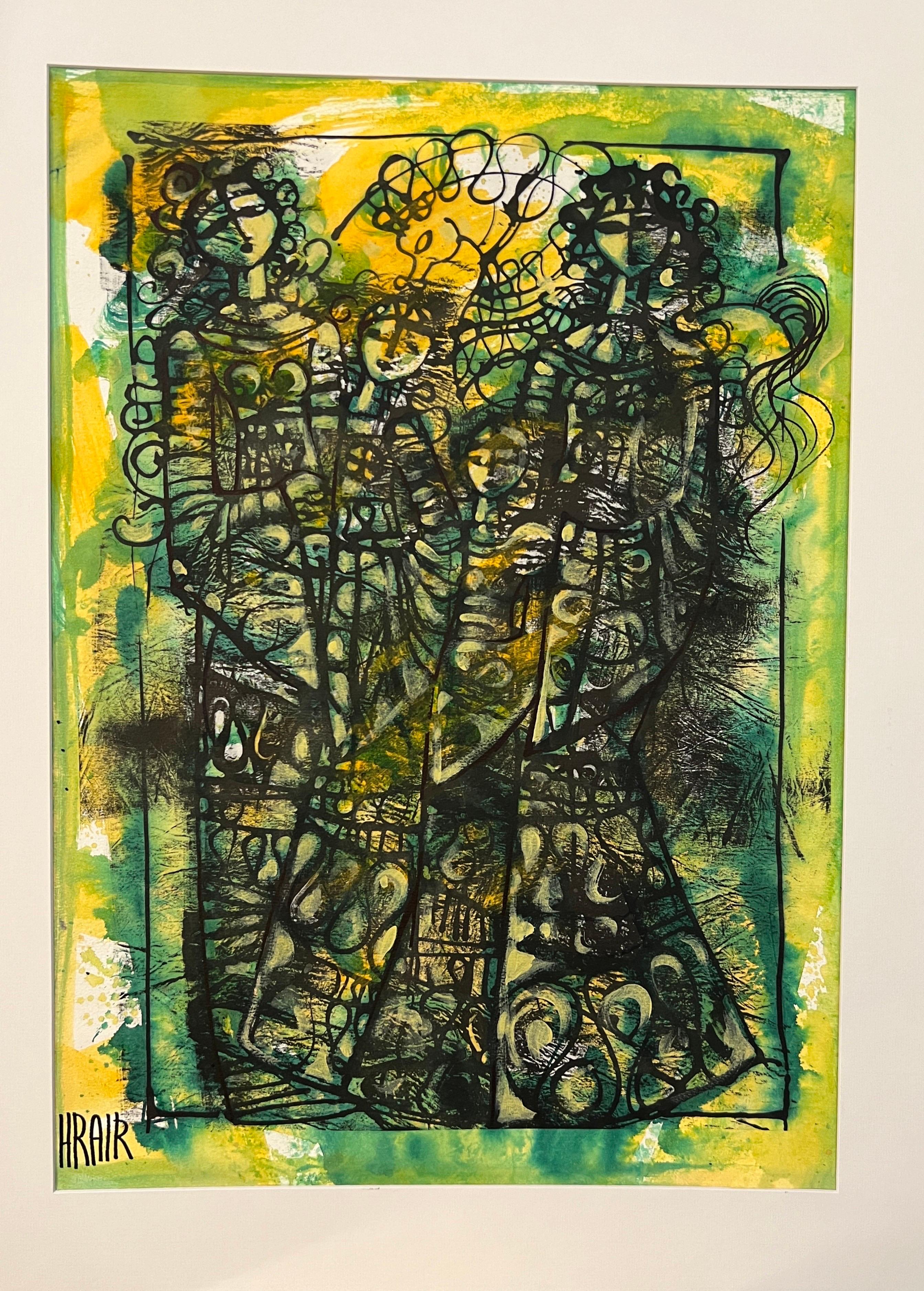 "Groupe" di Hrair Diarbekirian è un affascinante dipinto a olio che attira lo spettatore in un paesaggio sereno e verdeggiante. Le tonalità dominanti del verde avvolgono la scena, infondendo un senso di tranquillità e bellezza naturale. Il fogliame