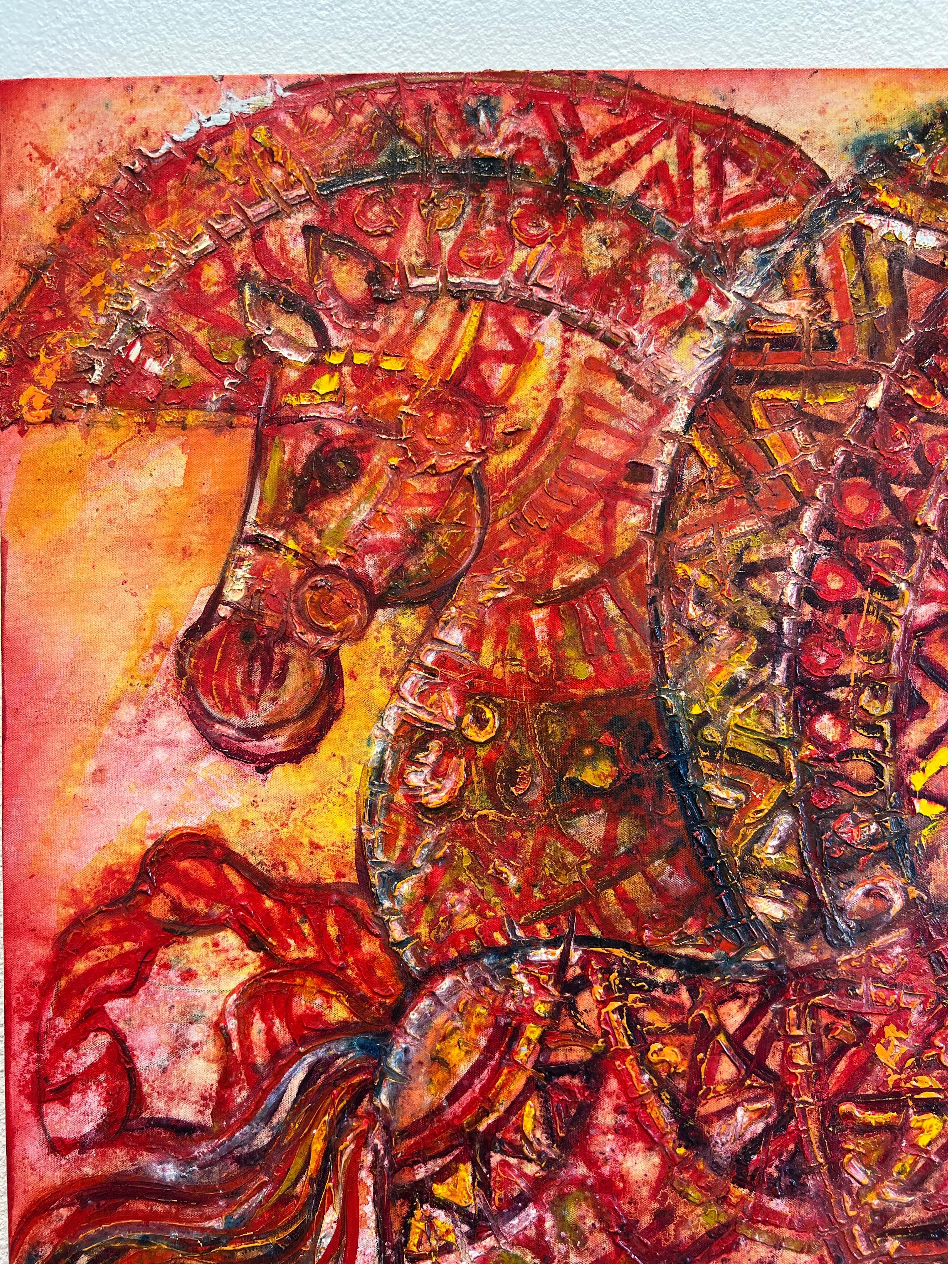 Equus in Harmony, Horses oil painting, contemporary horse on canvas. - Red Animal Painting by Hrair Diarbekirian