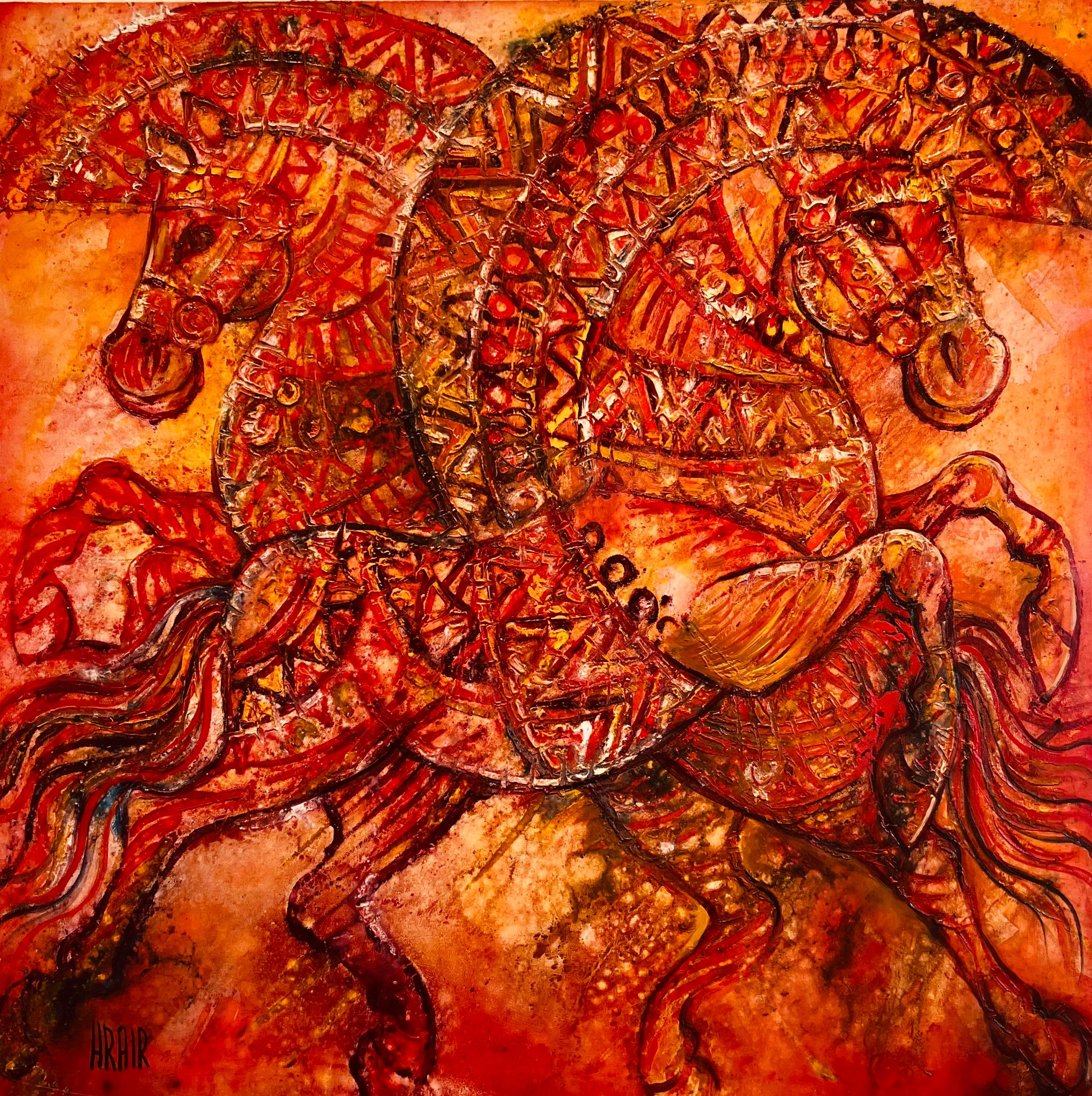 Hrair Diarbekirian Animal Painting - Equus in Harmony, Horses oil painting, contemporary horse on canvas.