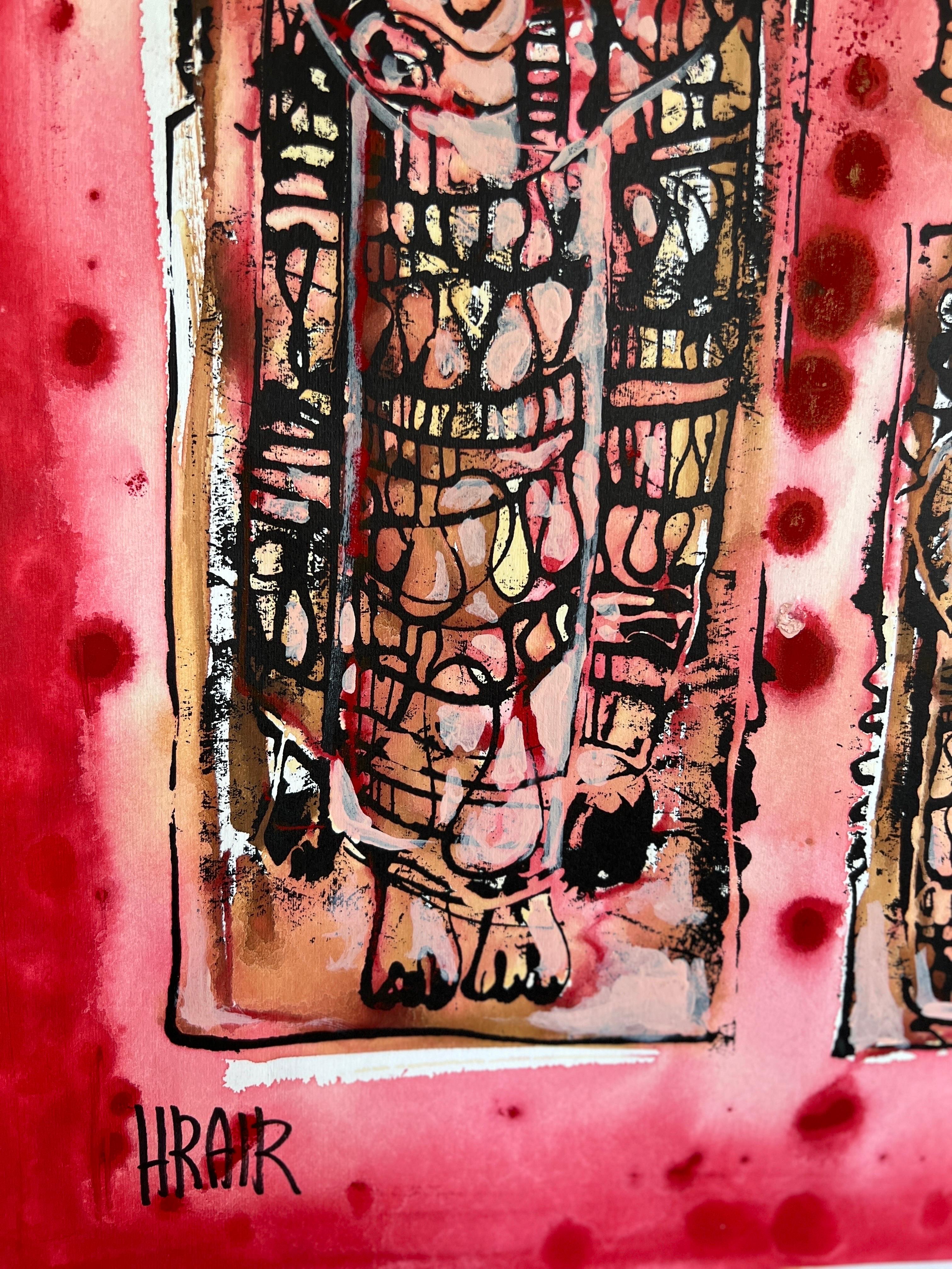 Komposition aus rosa Hopfen, Öl auf Papier. Signiert unten links HRAIR. 