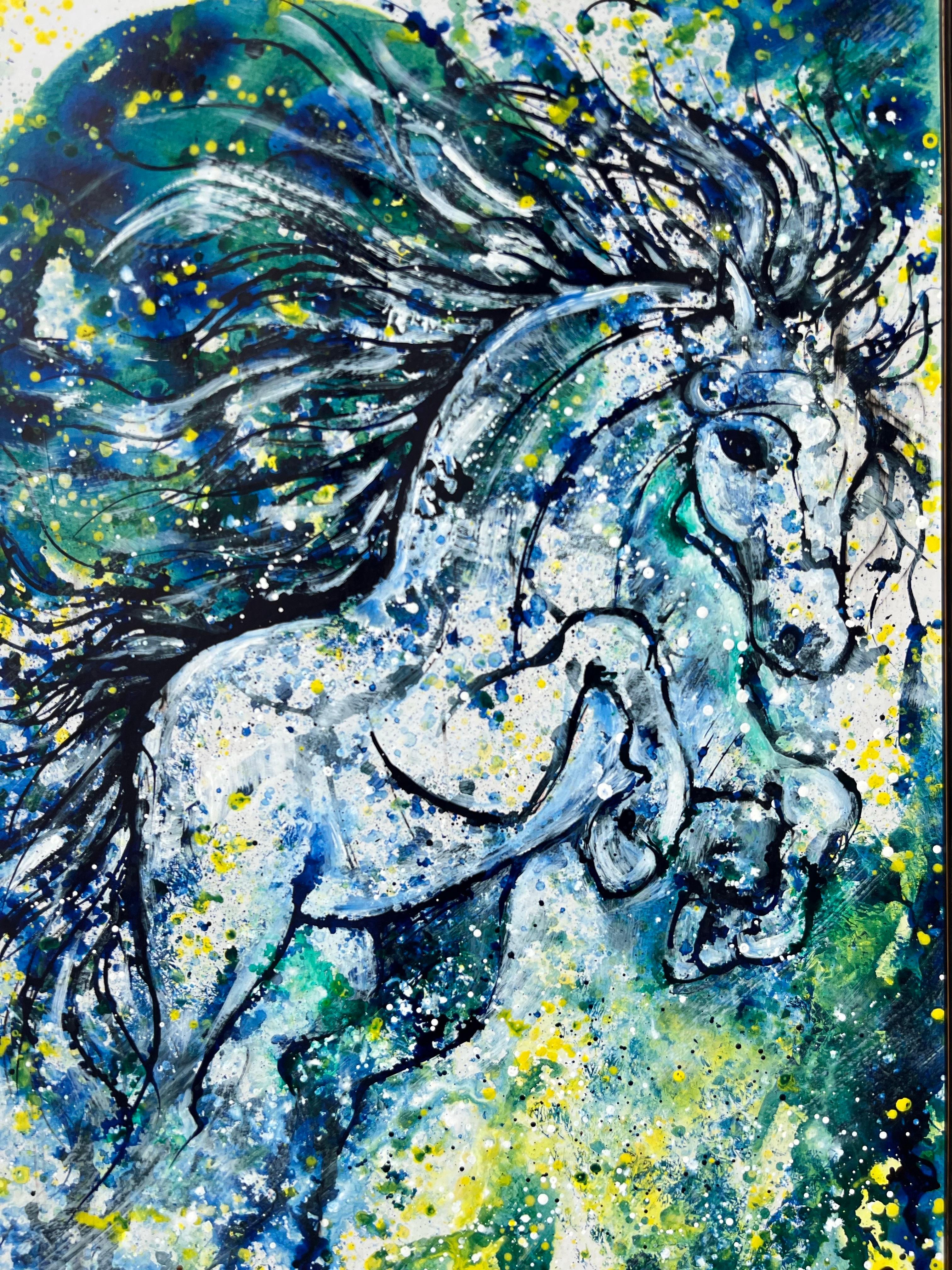 Tenderly Blue, the horse painting on board. Contemporary horse. - Symbolist Painting by Hrair Diarbekirian