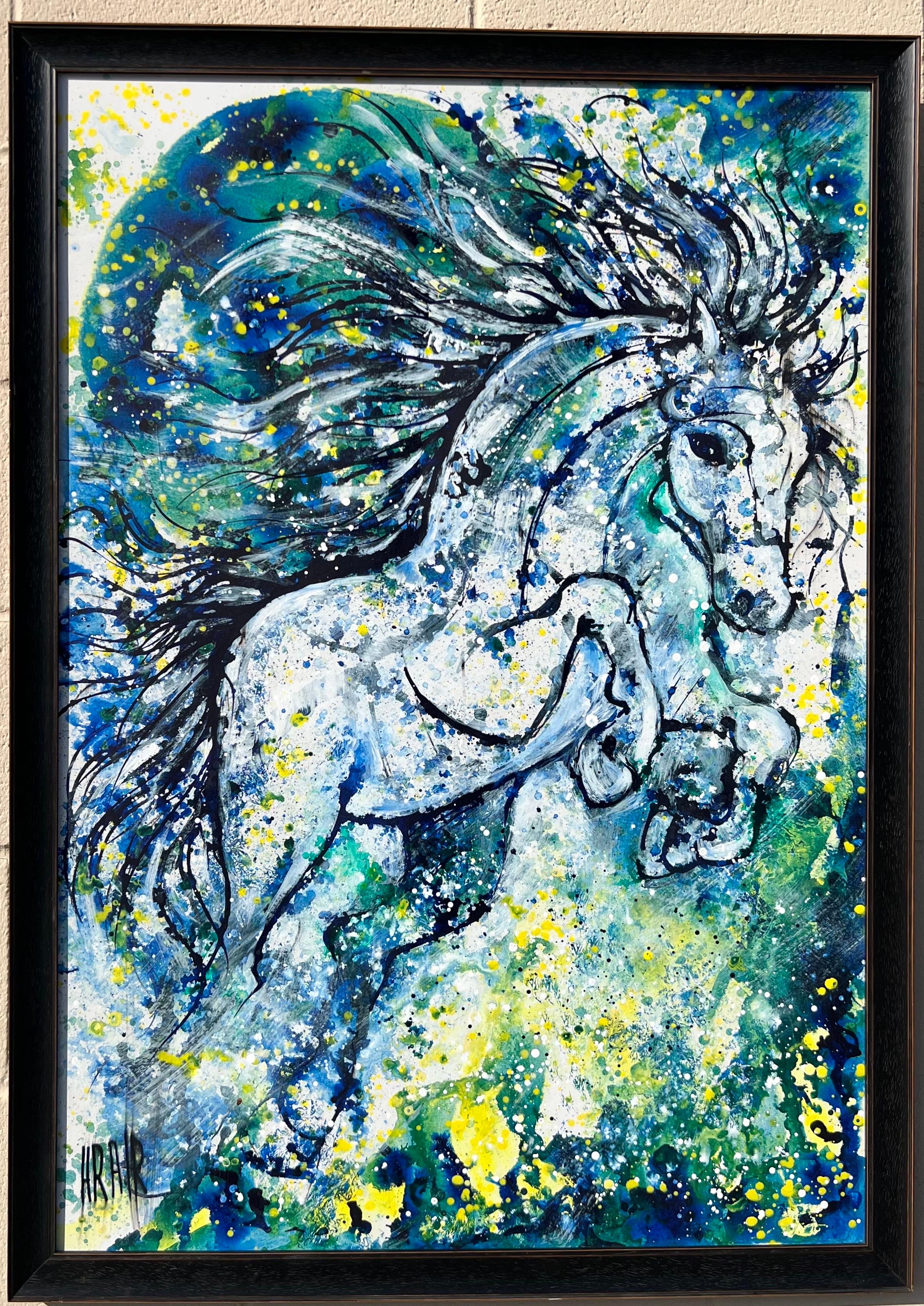 This symbolic and expressive artwork by renowned artist Hrair Diarbekirian is a mixed media composition on board, created using oil, acrylic, and watercolor. Titled Tenderly Blue, the piece features a striking horse motif rendered in shades of blue,