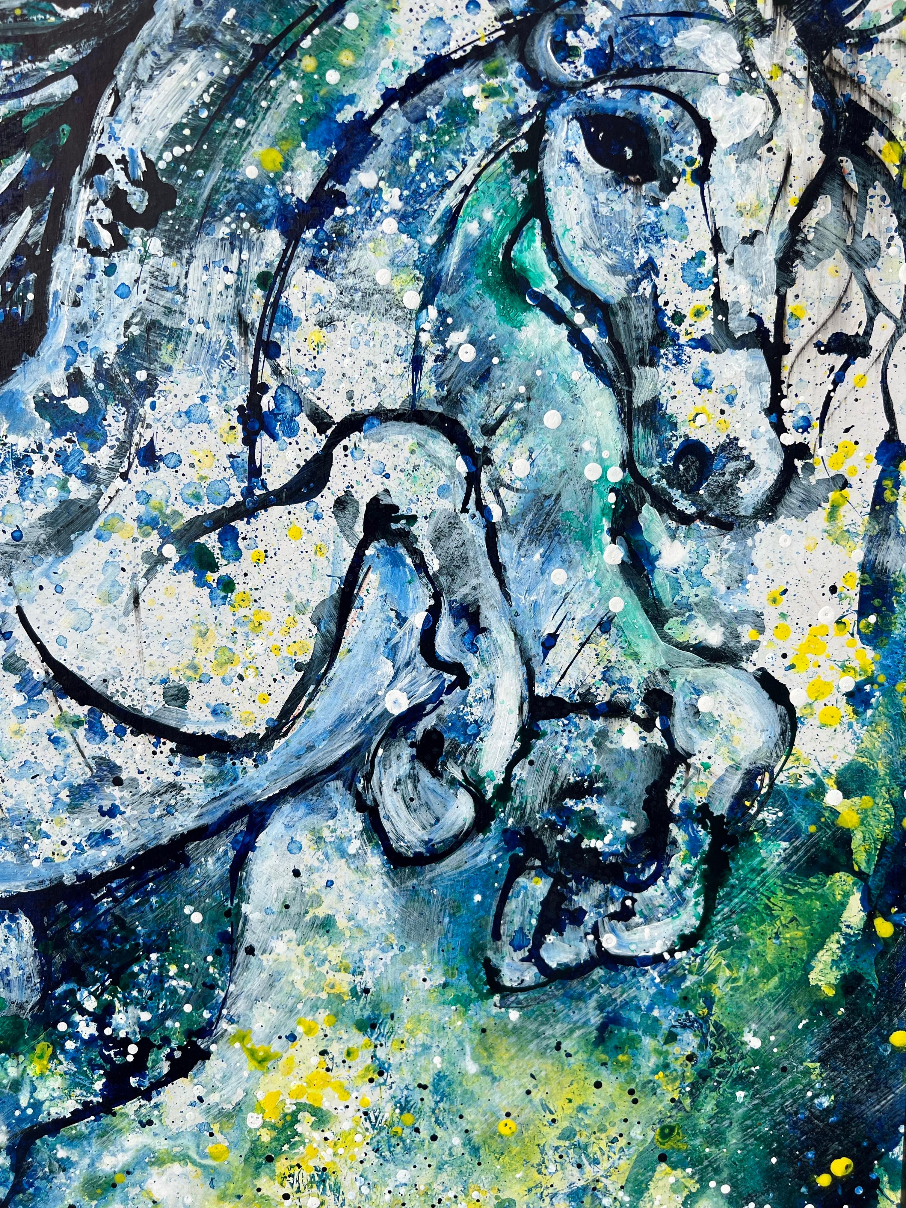 Hrair Diarbekirian Animal Painting - Tenderly Blue, the horse painting on board. Contemporary horse.