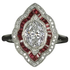 HRD 1 Ct Oval Diamond Ruby Cocktail Ring H SI2 Vintage Style H. H.
