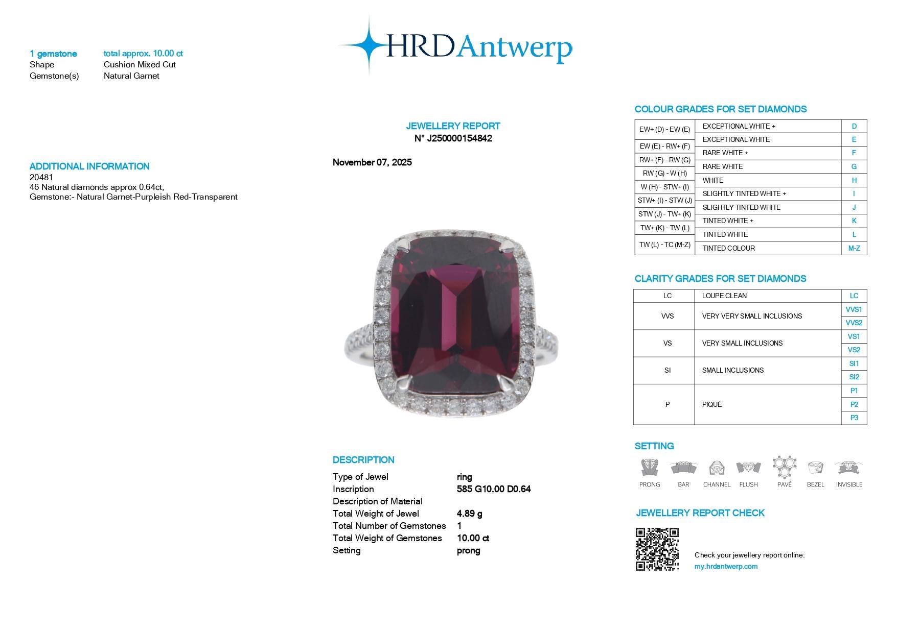 HRD 10.00 ct 14K White Gold Vivid Purplish Red Mahenge Garnet Engagement Ring im Angebot 3