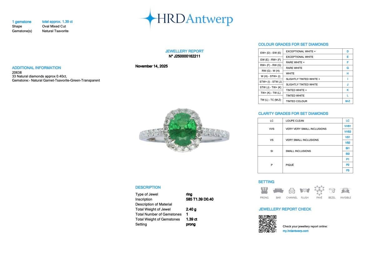 HRD 1.39 ct 14K White Gold Vivid Green Tsavorite Art Deco Engagement Ring en venta 3