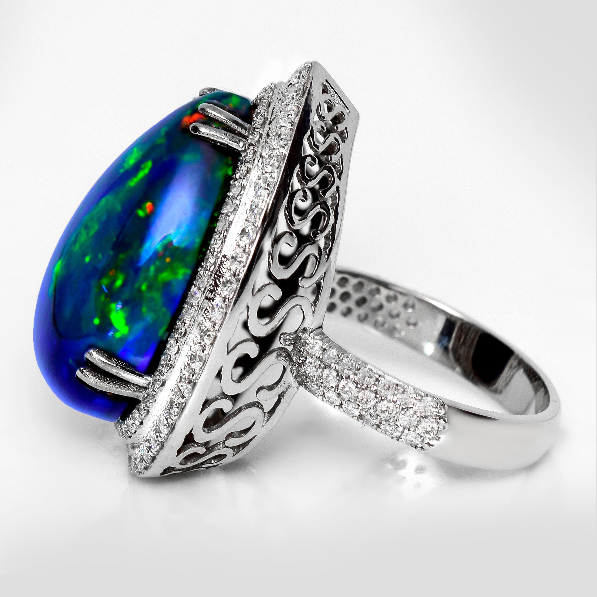 Cabochon HRD 14K 10.63 ct  Natural Color Play Black Opal Diamonds Cocktail Ring For Sale