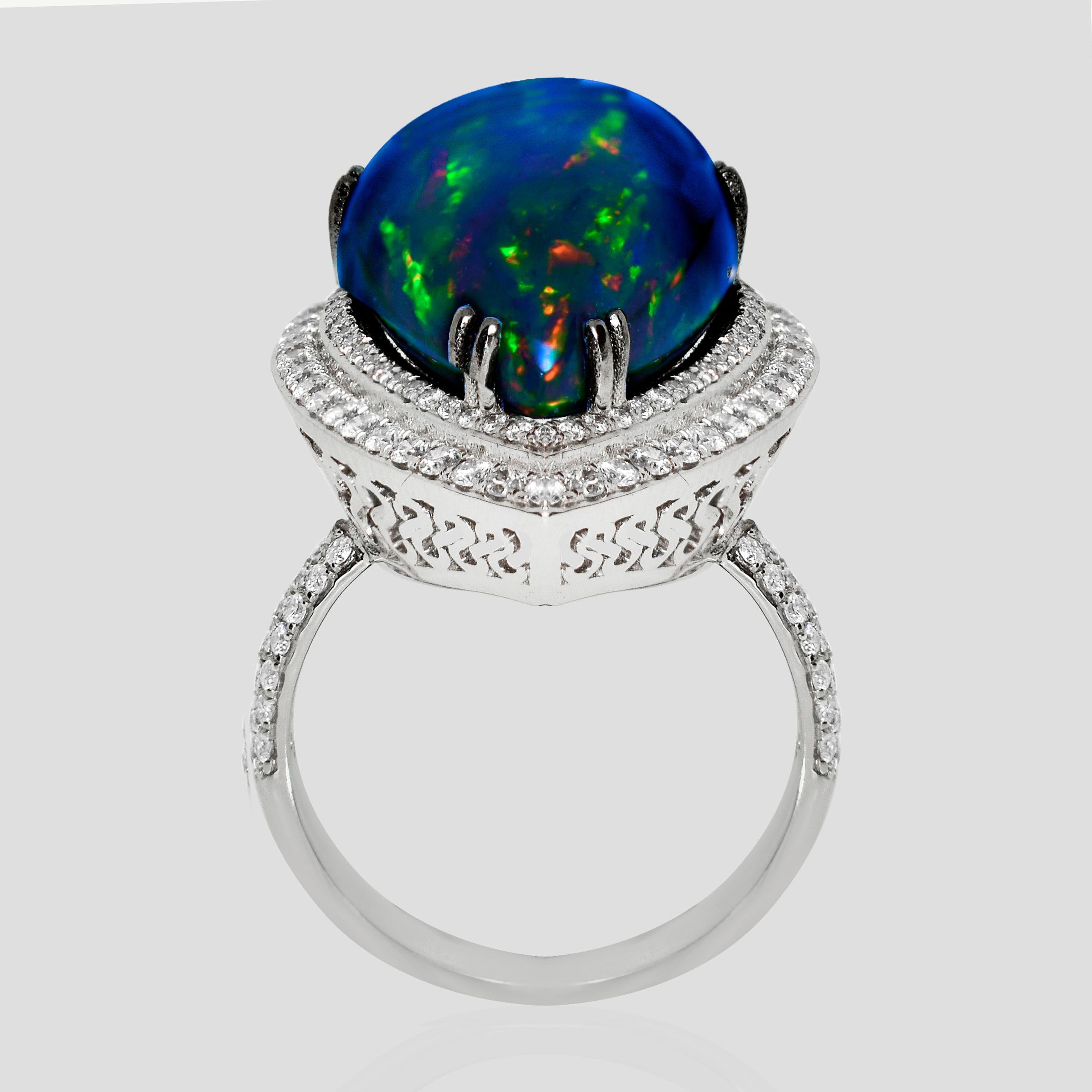 HRD 14K 10.63 ct  Natural Color Play Black Opal Diamonds Cocktail Ring In New Condition For Sale In Kaohsiung City, TW