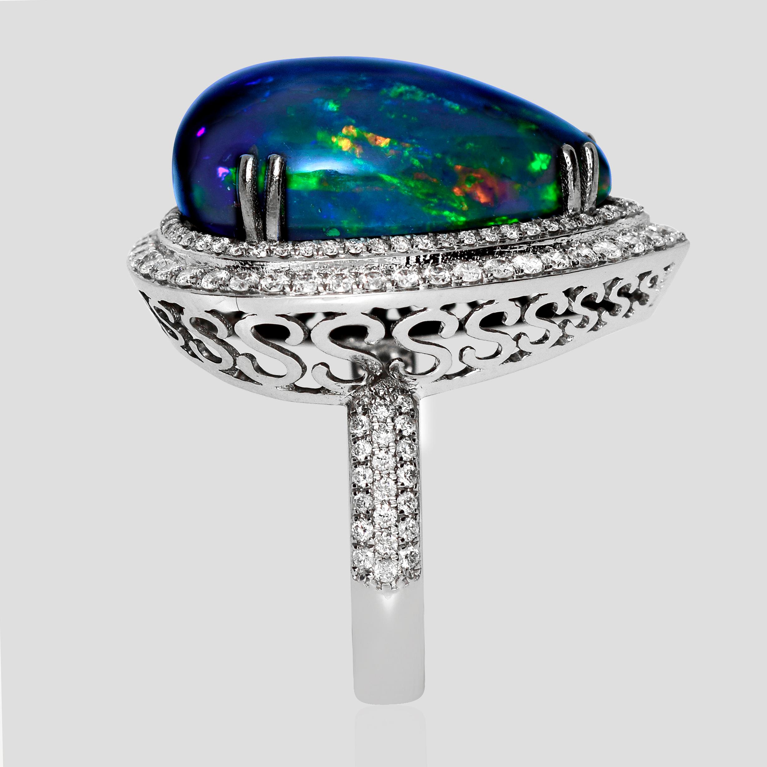 Women's HRD 14K 10.63 ct  Natural Color Play Black Opal Diamonds Cocktail Ring For Sale