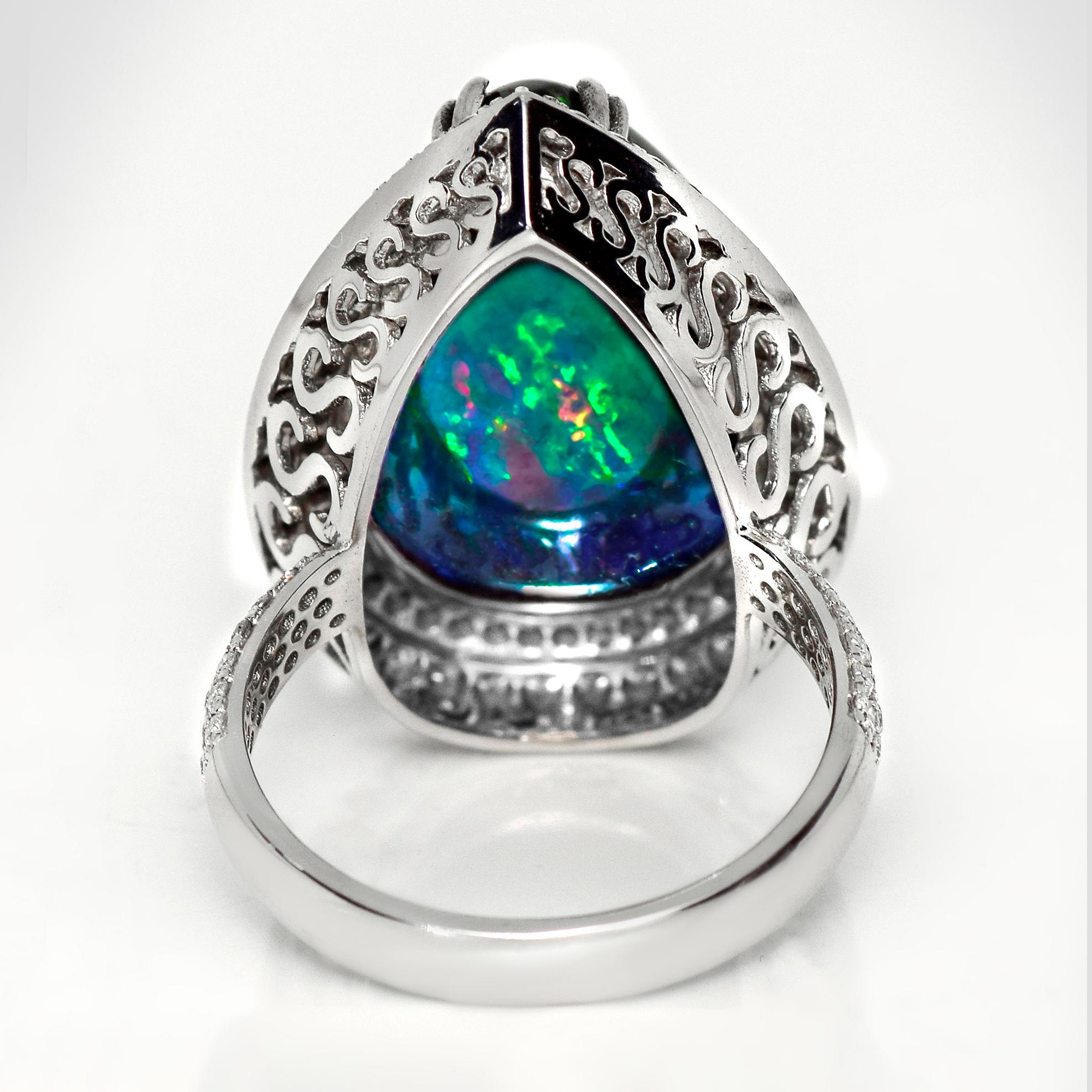 HRD 14K 10.63 ct  Natural Color Play Black Opal Diamonds Cocktail Ring For Sale 1