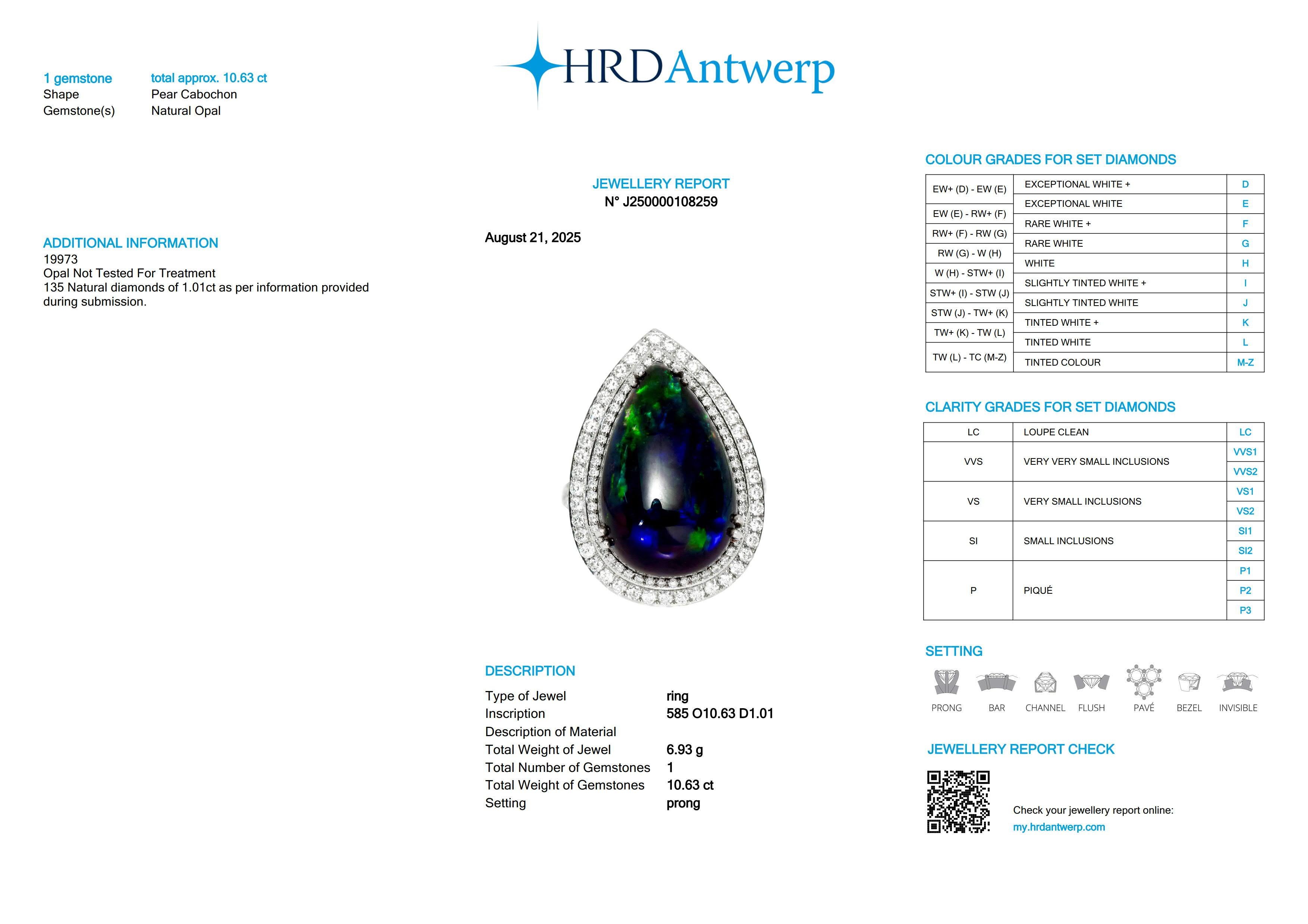 HRD 14K 10.63 ct  Natural Color Play Black Opal Diamonds Cocktail Ring For Sale 2