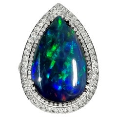 HRD 14K 10.63 ct  Natural Color Play Black Opal Diamonds Cocktail Ring