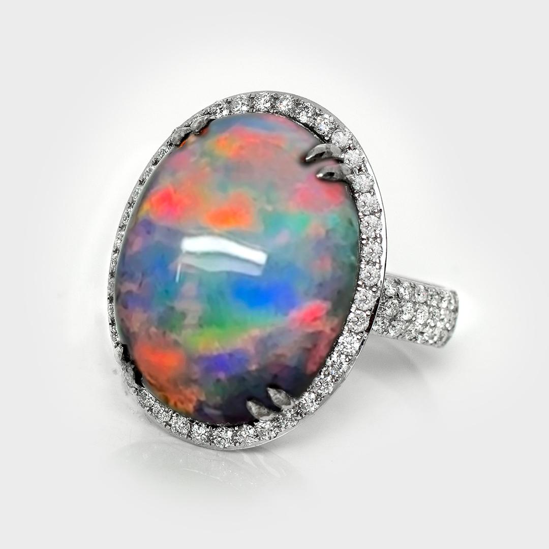 HRD 14K 12,87 ct  Natürliche Farben spielender schwarzer Opal-Diamanten-Cocktailring (Zeitgenössisch) im Angebot